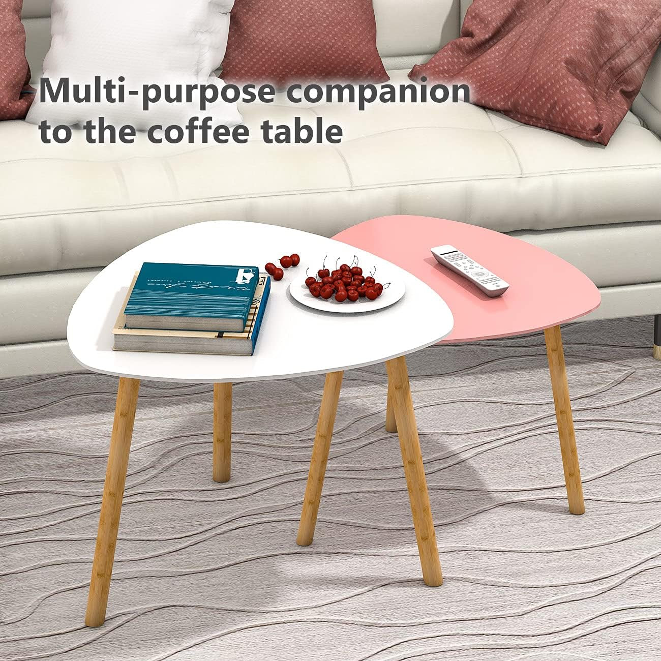 Bamboo Nesting Coffee Tables - Small Coffee Table for Living Room, Set of 2 Triangle End Table Modern Side Table for Bedroom Apartment Balcony Yard Small Spaces, (White & Pink)