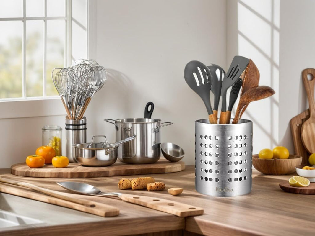 Utensil Holder Stainless 304,  Kitchen Silverware Holder Set of 2, Kitchen Utensil Drying Cylinder,Utility for Kitchen/Home/Office, Diameter 4.72"&3.94"(L&S)