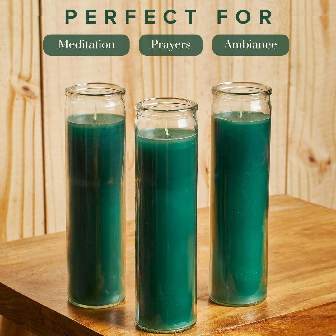 2X8 Inch Green Devotional Candles in Glass Jar - 3 Pack - 90 Hours – Prayer Candle - Tall Pillar Candles for Religious, Memorials, Party Decor