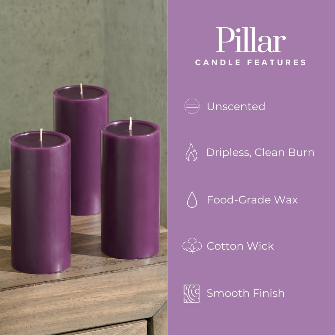 3X6 Inch Purple Pillar Candles Set of 3, Smooth Texture, Unscented Purple Candles, Dripless Candles, 3 Inch Pillar Candles Ideal as Wedding, Parties, Spas, Dinner, Home Decoration, Church