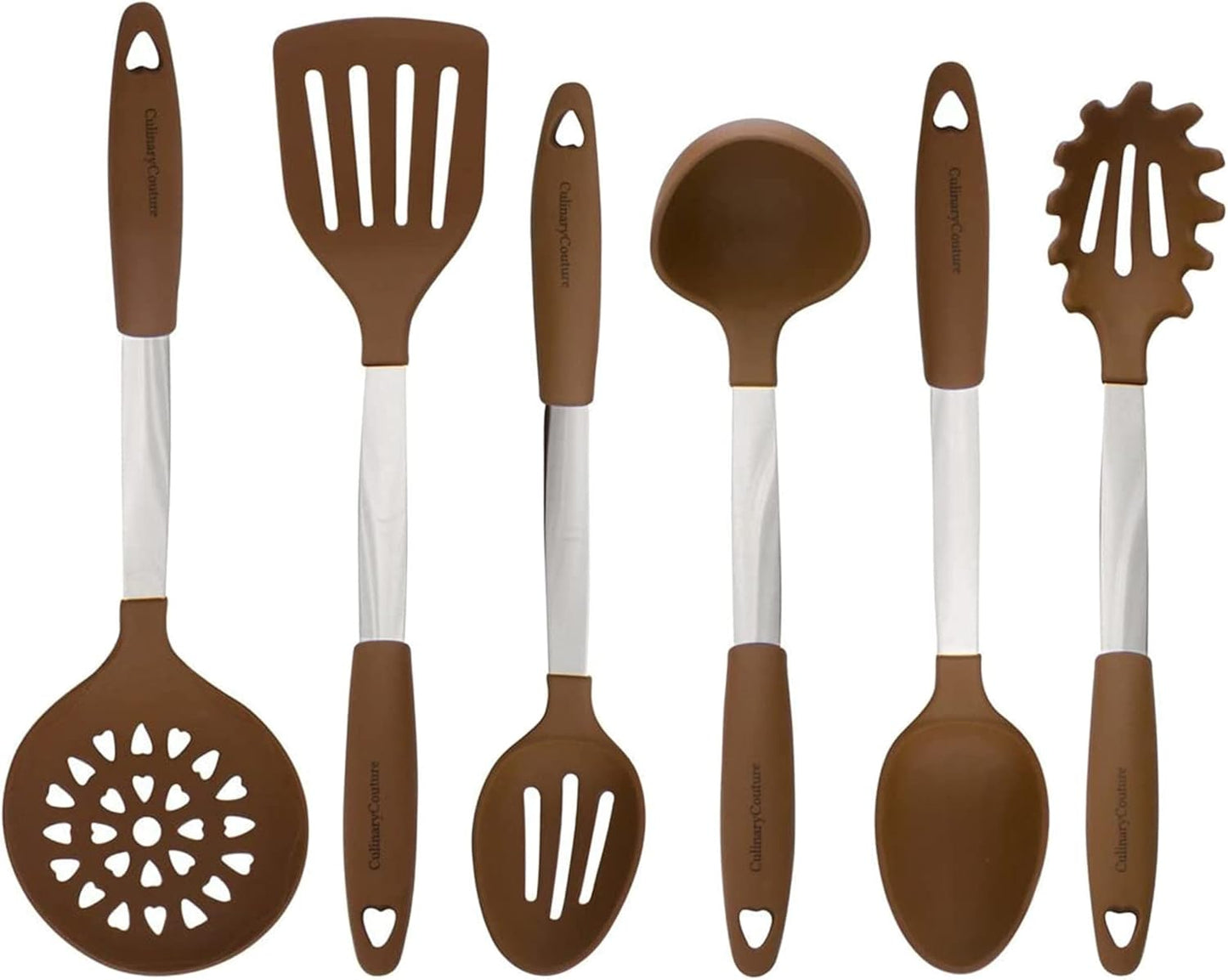 6-Piece Stainless Steel & Silicone Kitchen Utensils Set, Silicone Cooking Utensils, Heat Resistant Kitchen Cooking Utensils Set, Brown