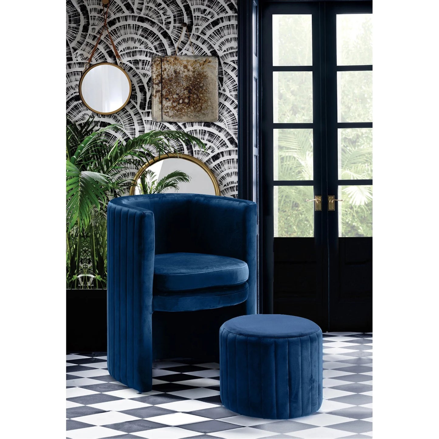 Selena Velvet Accent Chair and Ottoman Set in Navy