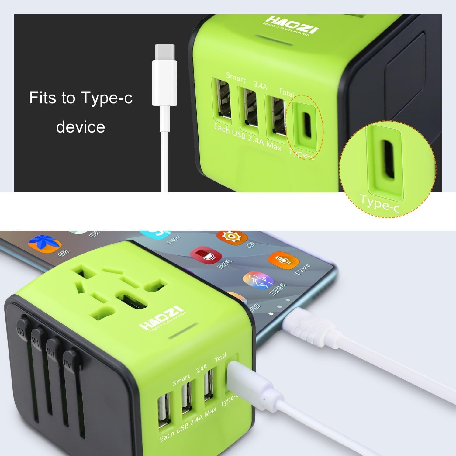 European Travel Plug Adapter, Universal Travel Adapter, 2.4A USB, 3.0A Type-C International Travel Adapter, Universal Travel Plug Adapter for US, UK, EU, AU & Asia Covers 150+Countries (Green)