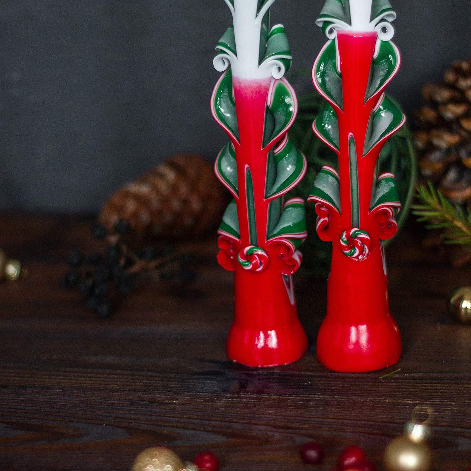 Christmas Candles - Taper Candles - Tall Candles - Carved Candles - Set of 2 Red Green Candles 9 Inches - Tapered Candles - Christmas Taper Candles - Hand Carved Taper Candles