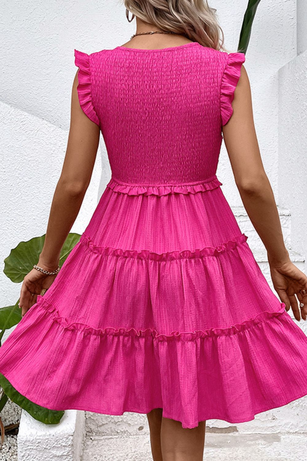 Perfee Smocked Frill Trim Deep V Dress