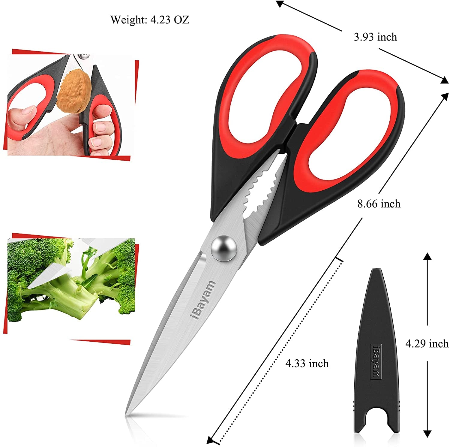 Kitchen Scissors All Purpose Heavy Duty Meat Poultry Shears, Dishwasher Safe Food Cooking Scissors Stainless Steel Utility Scissors, 2-Pack (Black Red, Black Gray)