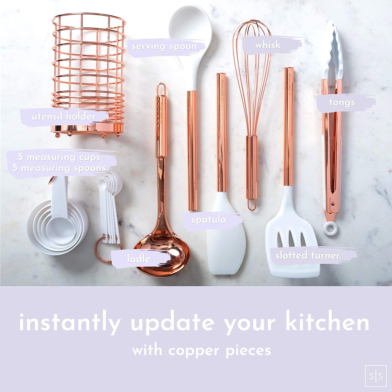 White Silicone & Copper Kitchen Utensils Set with Holder - 17 PC Rose Gold Kitchen Utensils Set Includes White & Copper Measuring Cups and Spoons & Copper Utensil Holder - Copper Kitchen Accessories