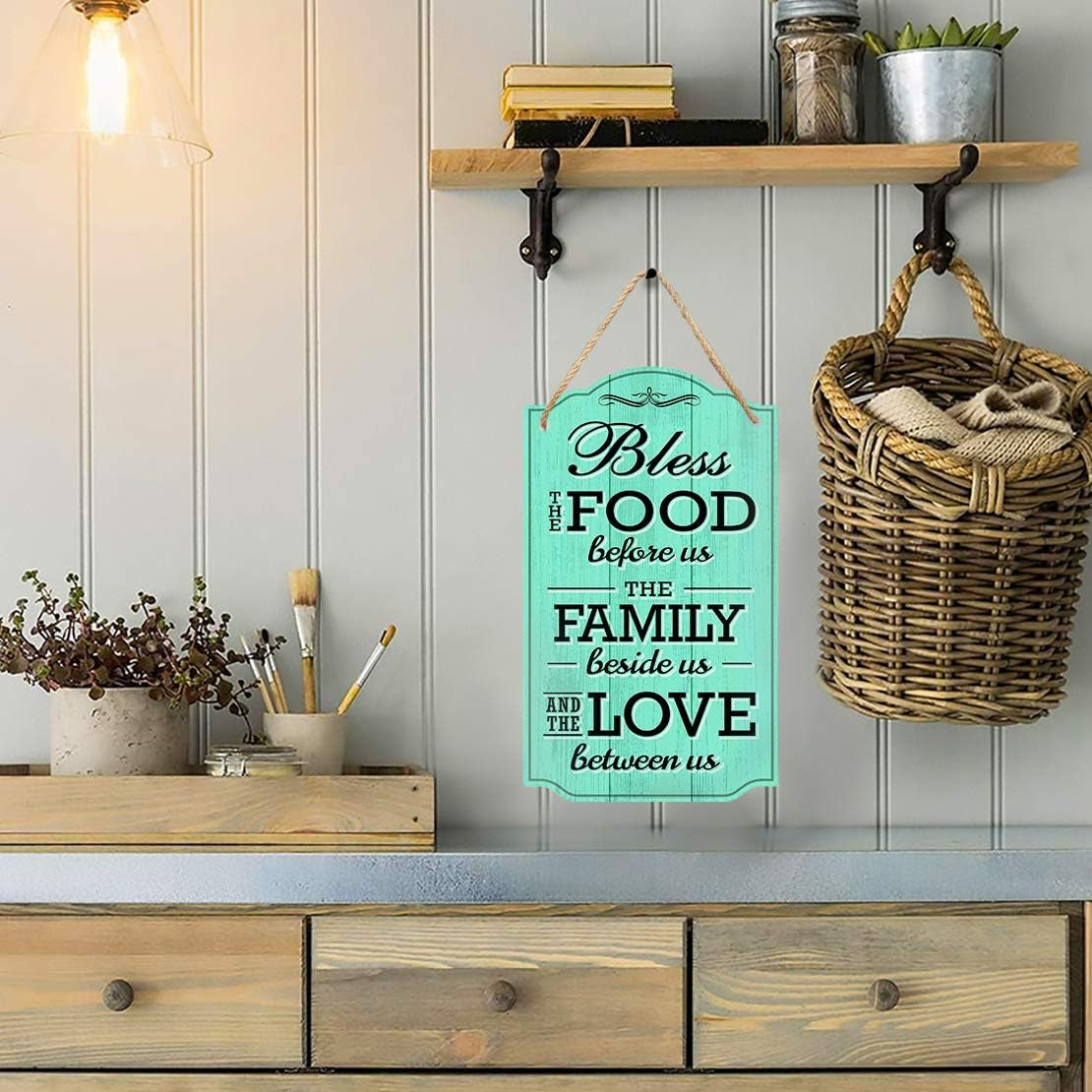 Bless the Food before Us Wall Decor - Heart Warming Kitchen Decor Quote - Strong PVC with Rope for Hanging - Country, Kitchen, Dining Wall Decor - Home Gifts - 8.5X14.5 Inch (Teal)