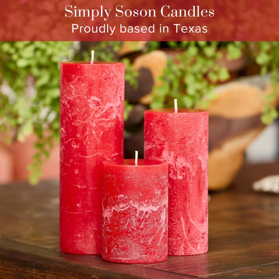 3X4, 3X6, 3X8 Inch Red Pillar Candles, Set of 3 Pillar Candles, Rustic Texture, Unscented Red Candles, Dripless Candles, Ideal as Wedding, Parties, Spa, Dinner, Home Decor, Church