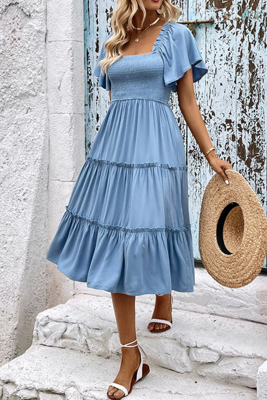 Perfee Smocked Square Neck Frill Trim Dress