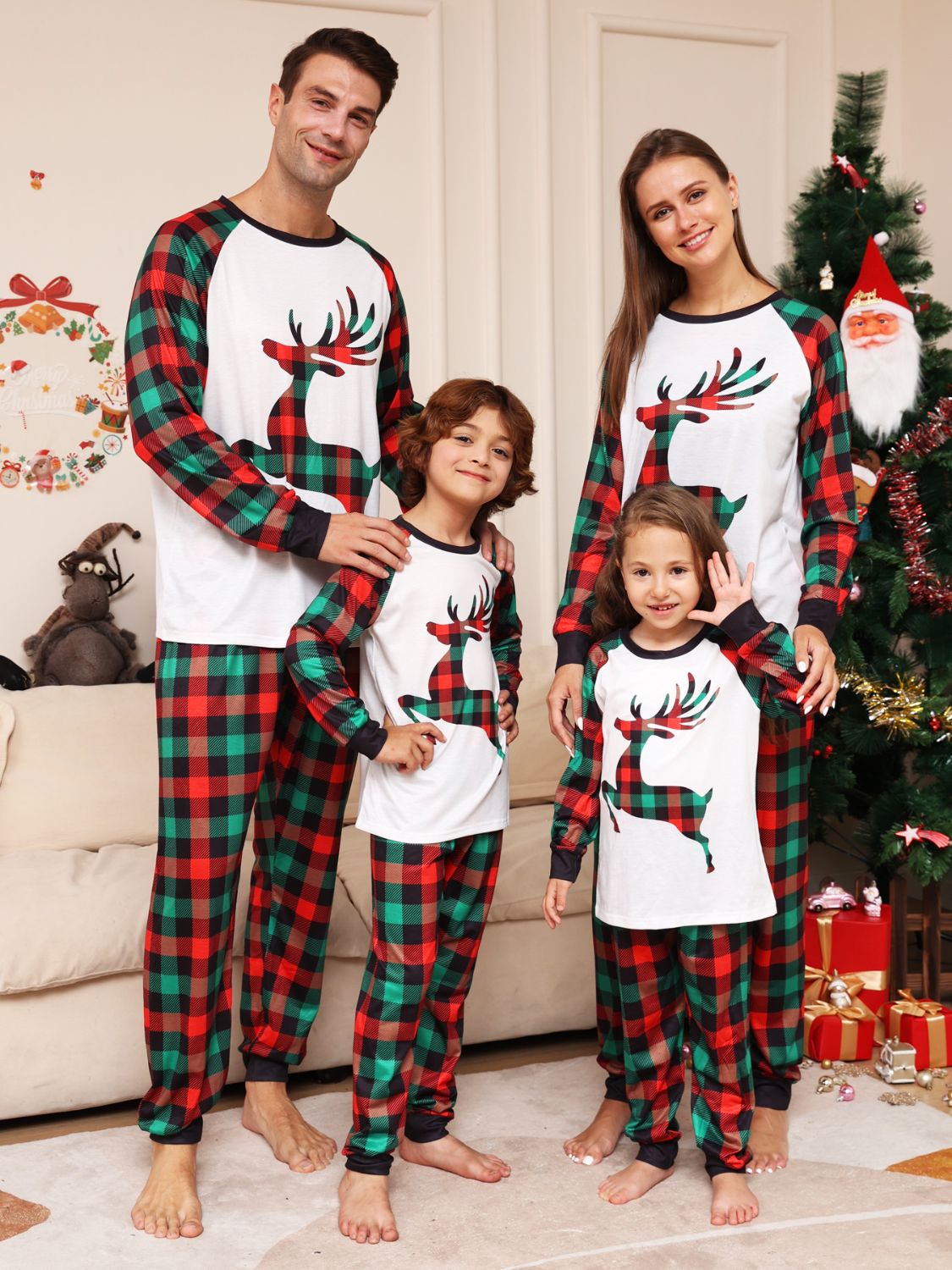 Full Size Reindeer Graphic Top and Plaid Pants Set