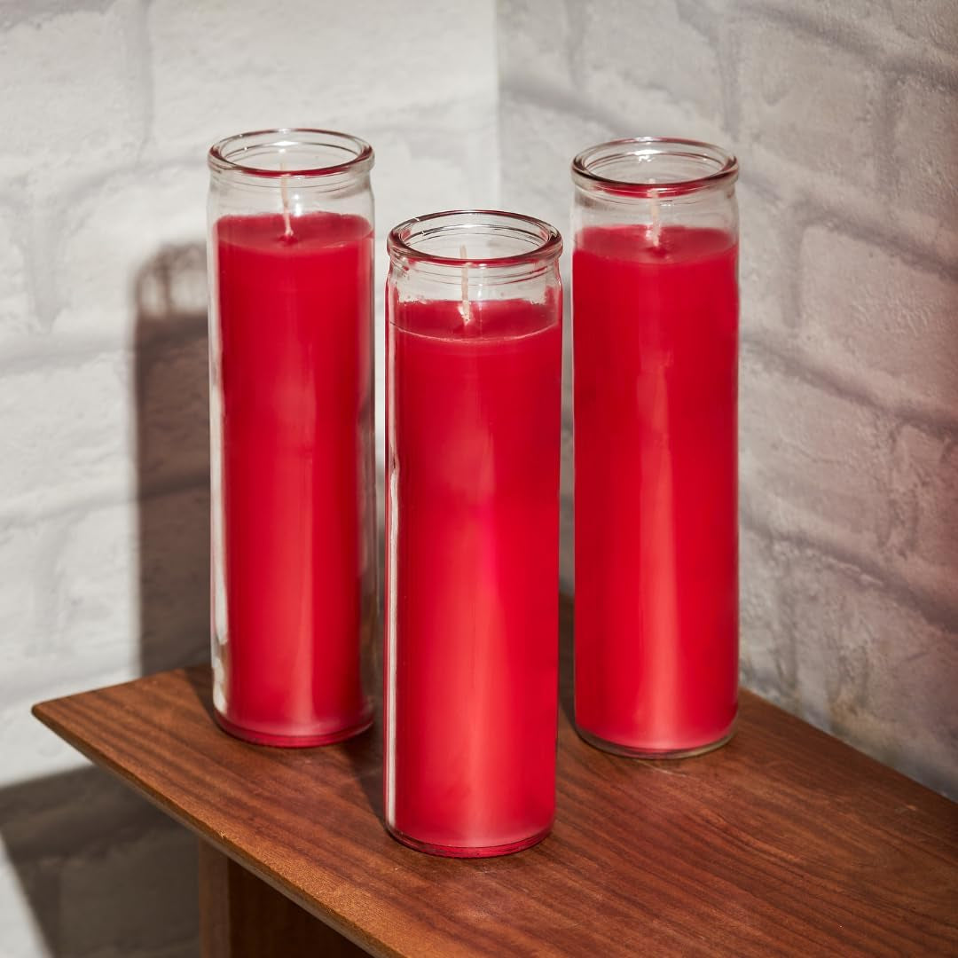 2X8 Inch 7 Day Red Pillar Candles in Glass, Set of 3, 90 Hour Burn Time, Unscented Prayer Candles, Religious Candles, Candles for Memorials, Vigil Candles, Emergency Candles