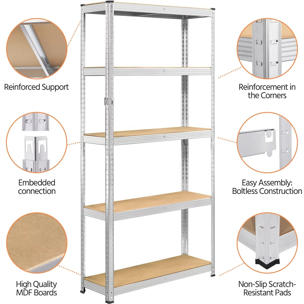 2PCS 5 Tiers Adjustable Storage Shelf Units for Garage, Silver