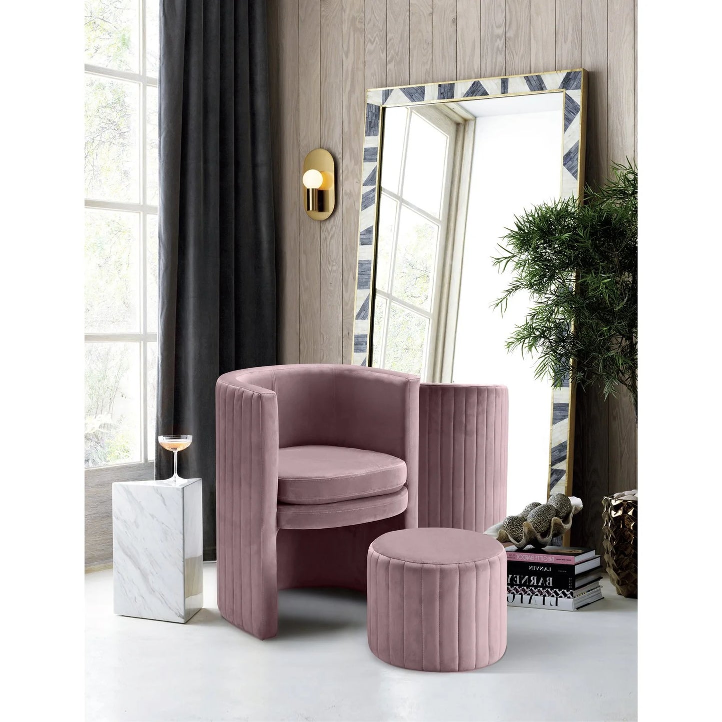 Selena Velvet Accent Chair and Ottoman Set in Navy