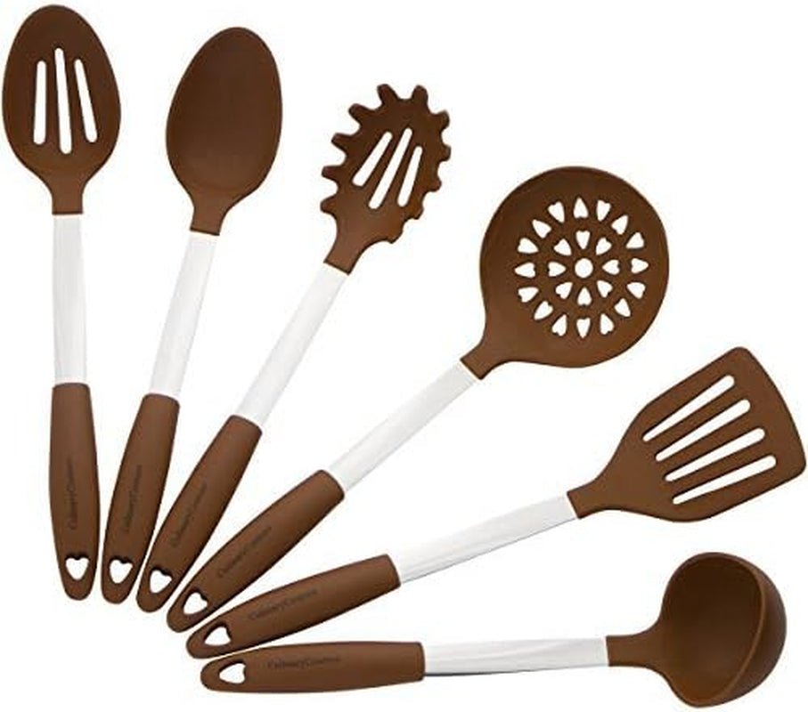 6-Piece Stainless Steel & Silicone Kitchen Utensils Set, Silicone Cooking Utensils, Heat Resistant Kitchen Cooking Utensils Set, Brown