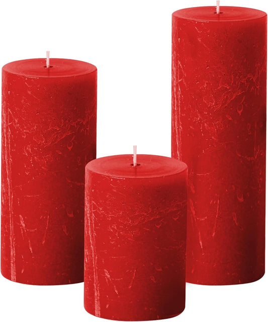 3X4, 3X6, 3X8 Inch Red Pillar Candles, Set of 3 Pillar Candles, Rustic Texture, Unscented Red Candles, Dripless Candles, Ideal as Wedding, Parties, Spa, Dinner, Home Decor, Church