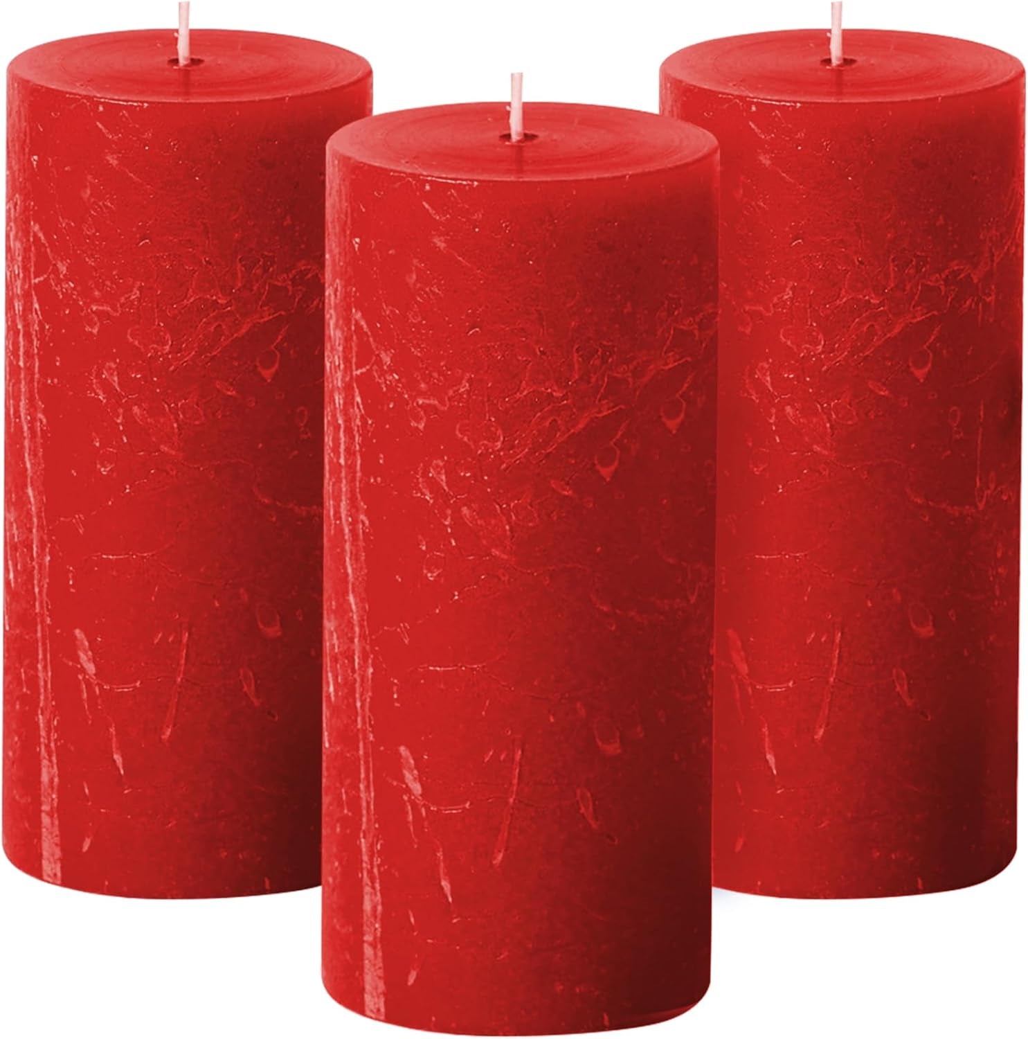 3X6 Inch Red Pillar Candles Set of 3, Rustic Texture, Unscented Red Candles, Dripless Candles, 3 Inch Pillar Candles Ideal as Wedding, Parties, Spas, Dinner, Home Decoration, Church