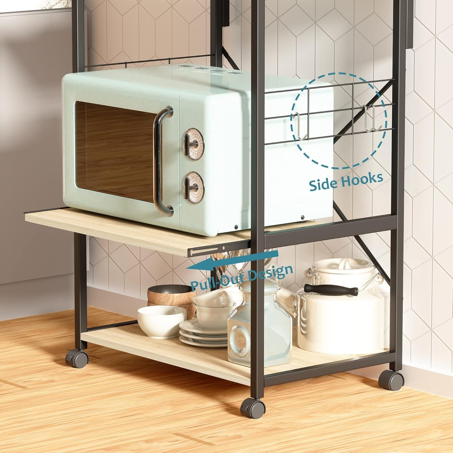 Kitchen Bakers Rack Microwave Stand Kitchen Cart on Wheels Utility Storage Shelf with 10 Side Hooks Kitchen Organizer Shelves with Adjustable Feet