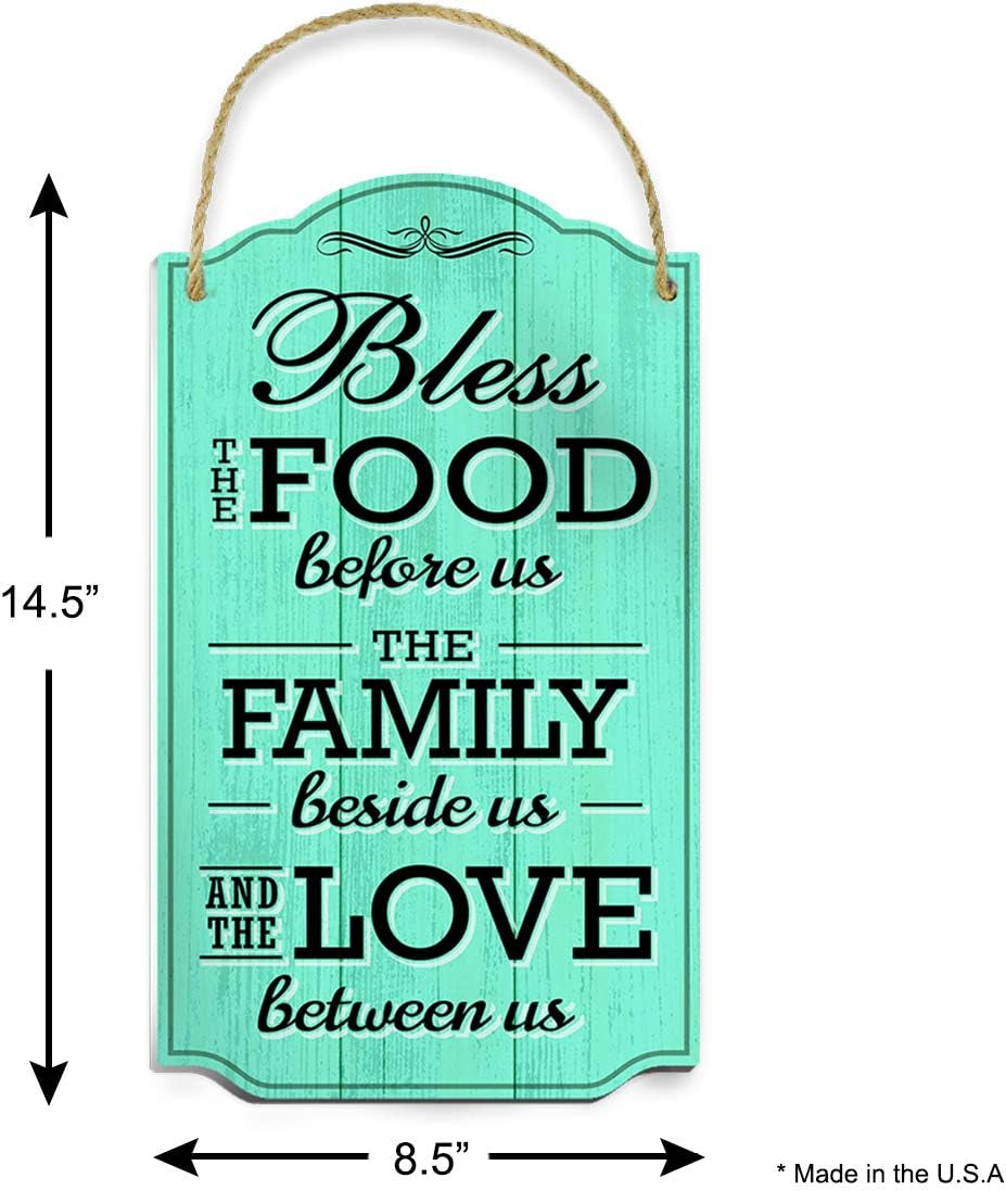 Bless the Food before Us Wall Decor - Heart Warming Kitchen Decor Quote - Strong PVC with Rope for Hanging - Country, Kitchen, Dining Wall Decor - Home Gifts - 8.5X14.5 Inch (Teal)