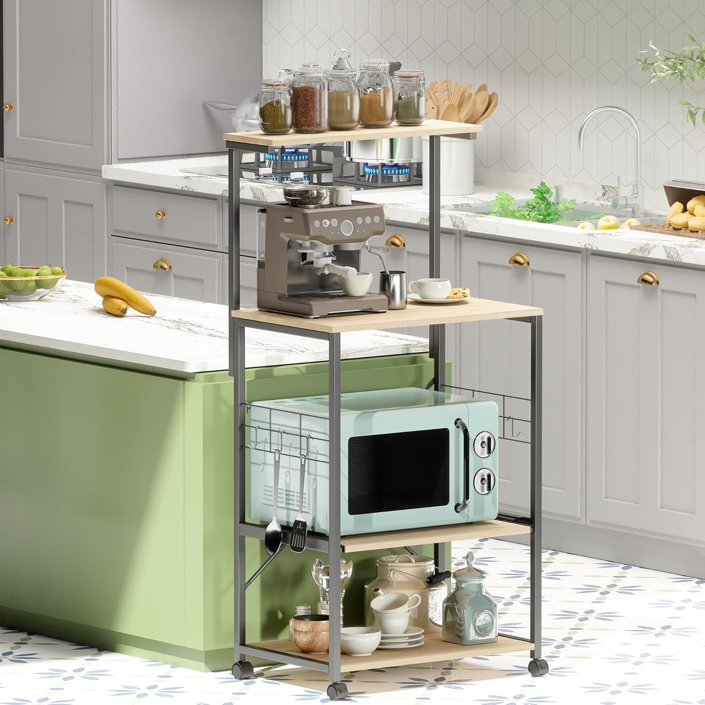 Kitchen Bakers Rack Microwave Stand Kitchen Cart on Wheels Utility Storage Shelf with 10 Side Hooks Kitchen Organizer Shelves with Adjustable Feet