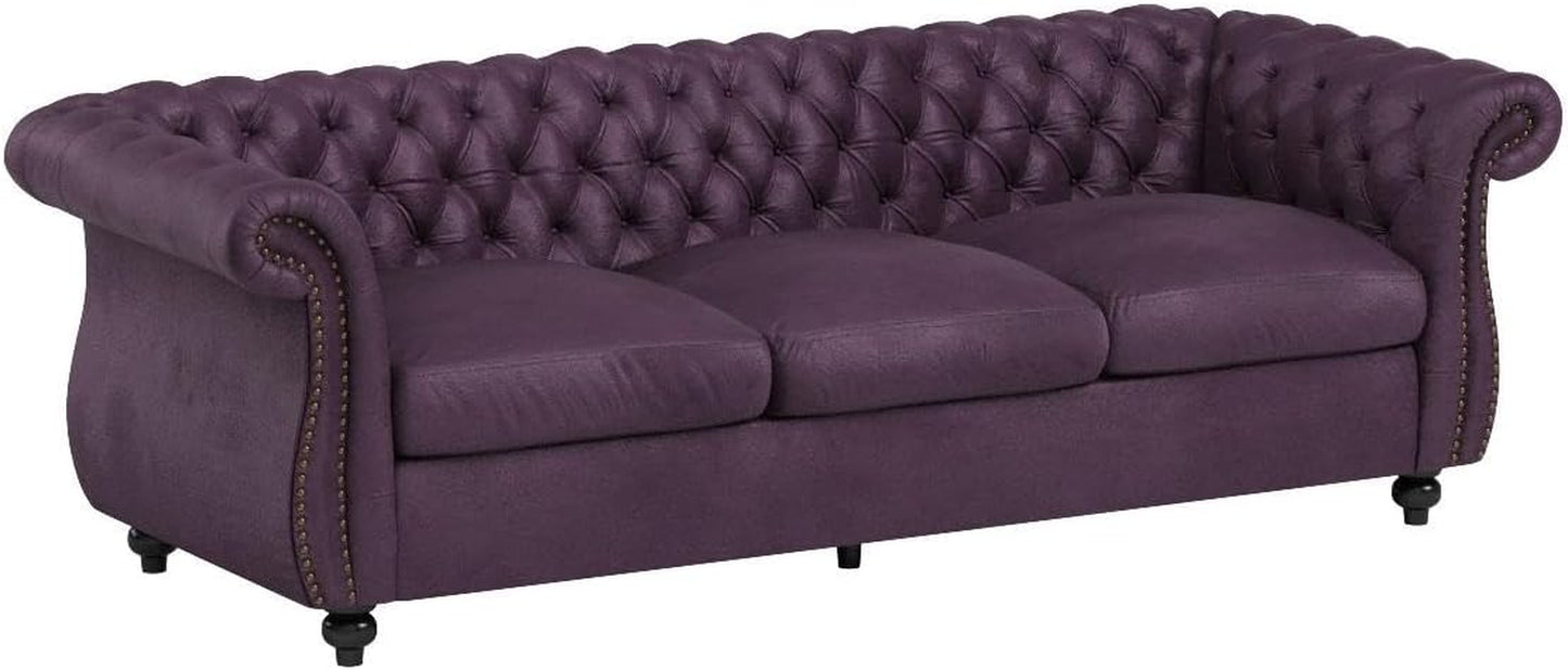 Tufted Jewel Toned Velvet Sofa with Scroll Arms, Blackberry