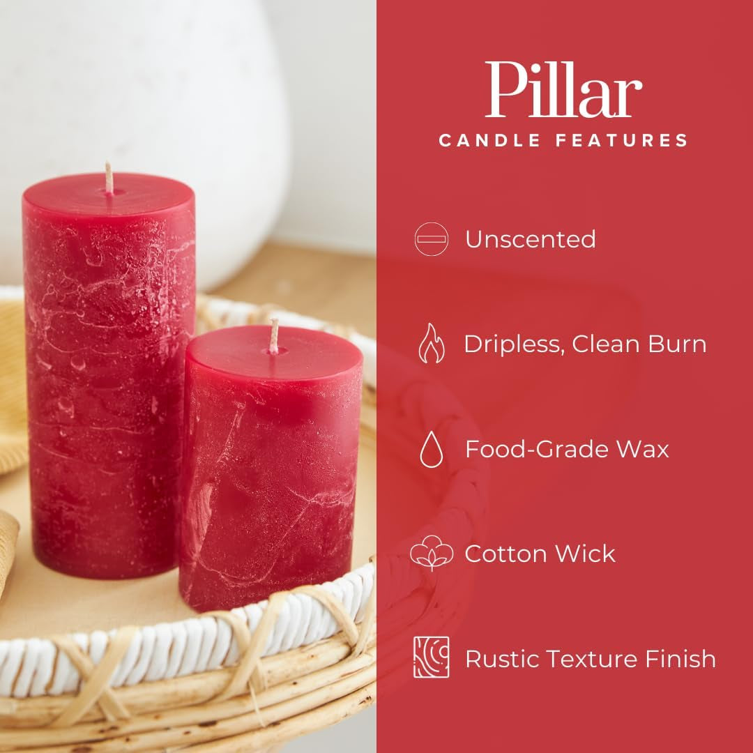 3X6 Inch Red Pillar Candles Set of 3, Rustic Texture, Unscented Red Candles, Dripless Candles, 3 Inch Pillar Candles Ideal as Wedding, Parties, Spas, Dinner, Home Decoration, Church