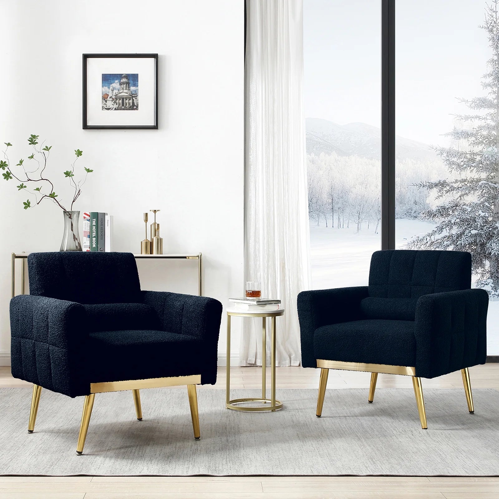 Dark Blue Modern Accent Chairs for Living Room, Teddy Fabric Arm Chair, Single Sofa Chair Couch, Gold Metal Legs, for Living Room Bedroom Office Leisure (1Pcs, Dark Blue)