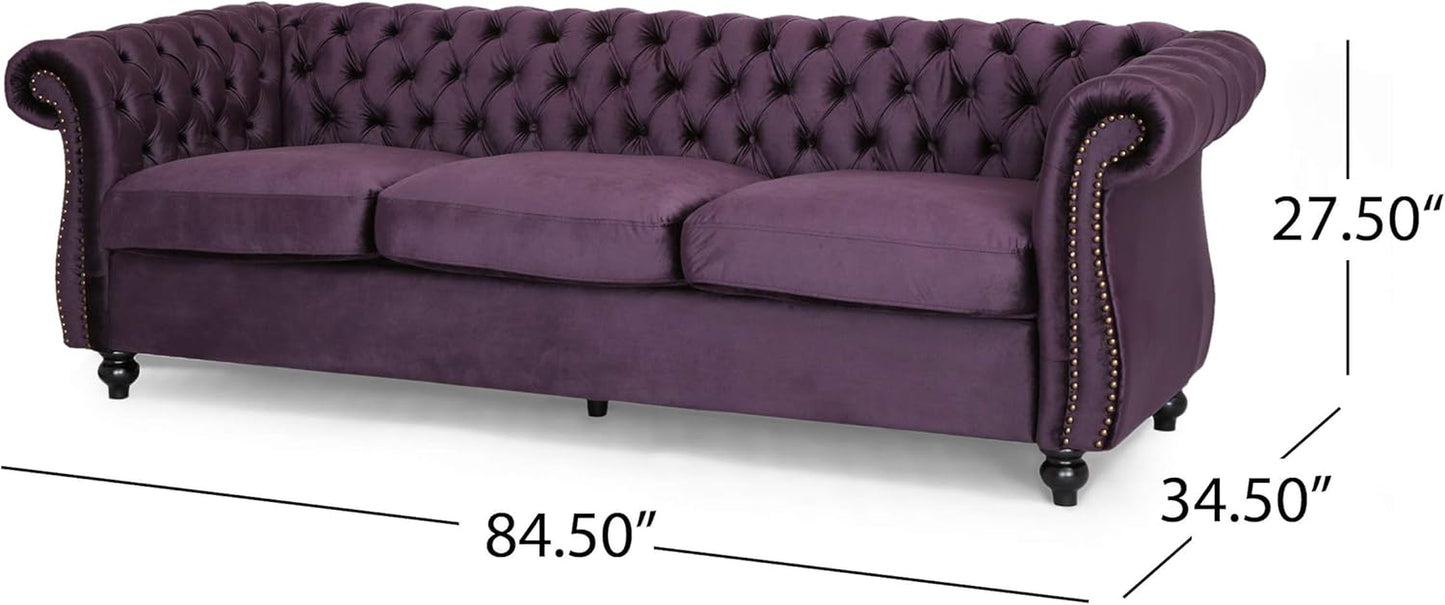 Tufted Jewel Toned Velvet Sofa with Scroll Arms, Blackberry