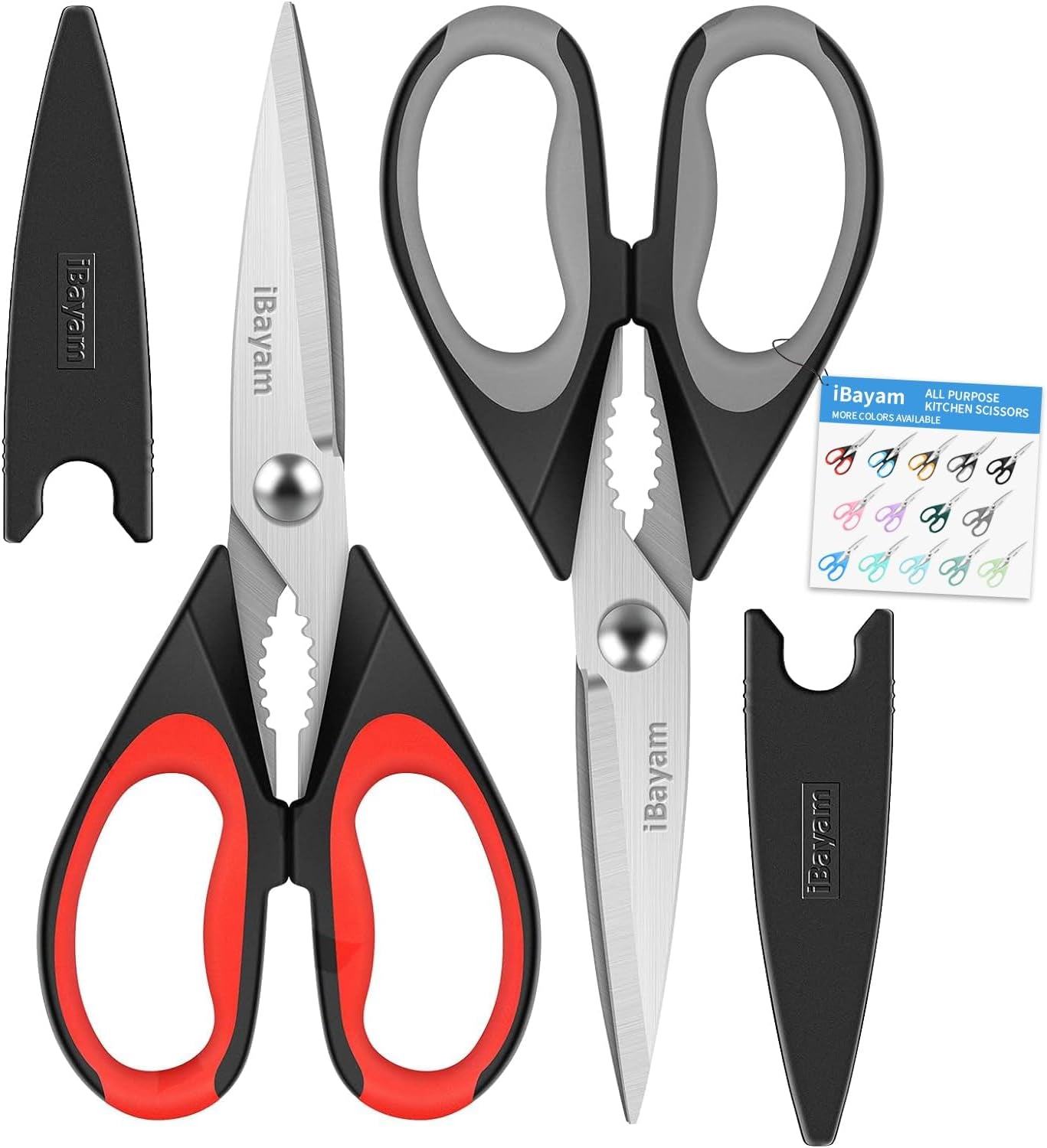 Kitchen Scissors All Purpose Heavy Duty Meat Poultry Shears, Dishwasher Safe Food Cooking Scissors Stainless Steel Utility Scissors, 2-Pack (Black Red, Black Gray)