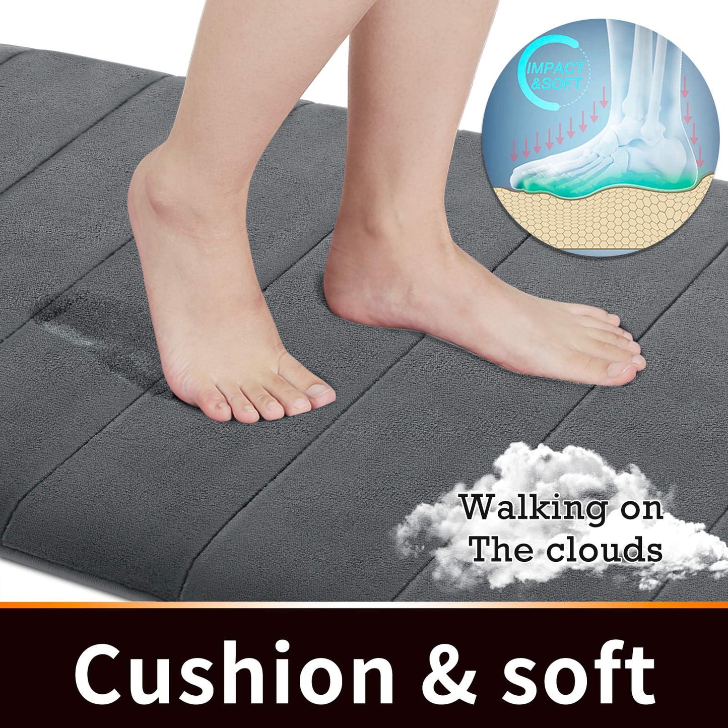 Bathroom Mat Set 3 Pcs Memory Foam Absorbent & Non-Slip Dark Gray 44.1 "X24"+ 31.5 "X19.8"