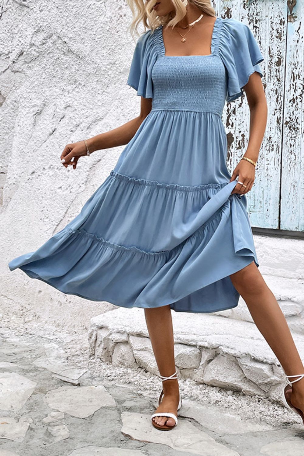 Perfee Smocked Square Neck Frill Trim Dress