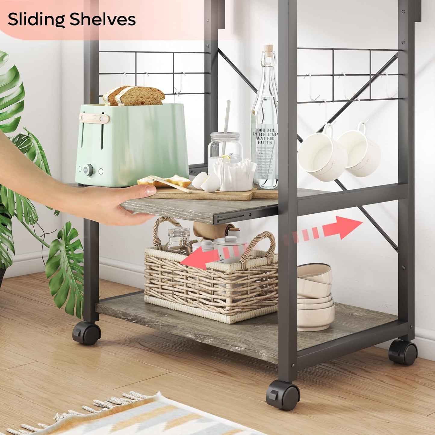 Kitchen Bakers Rack Microwave Stand Kitchen Cart on Wheels Utility Storage Shelf with 10 Side Hooks Kitchen Organizer Shelves with Adjustable Feet