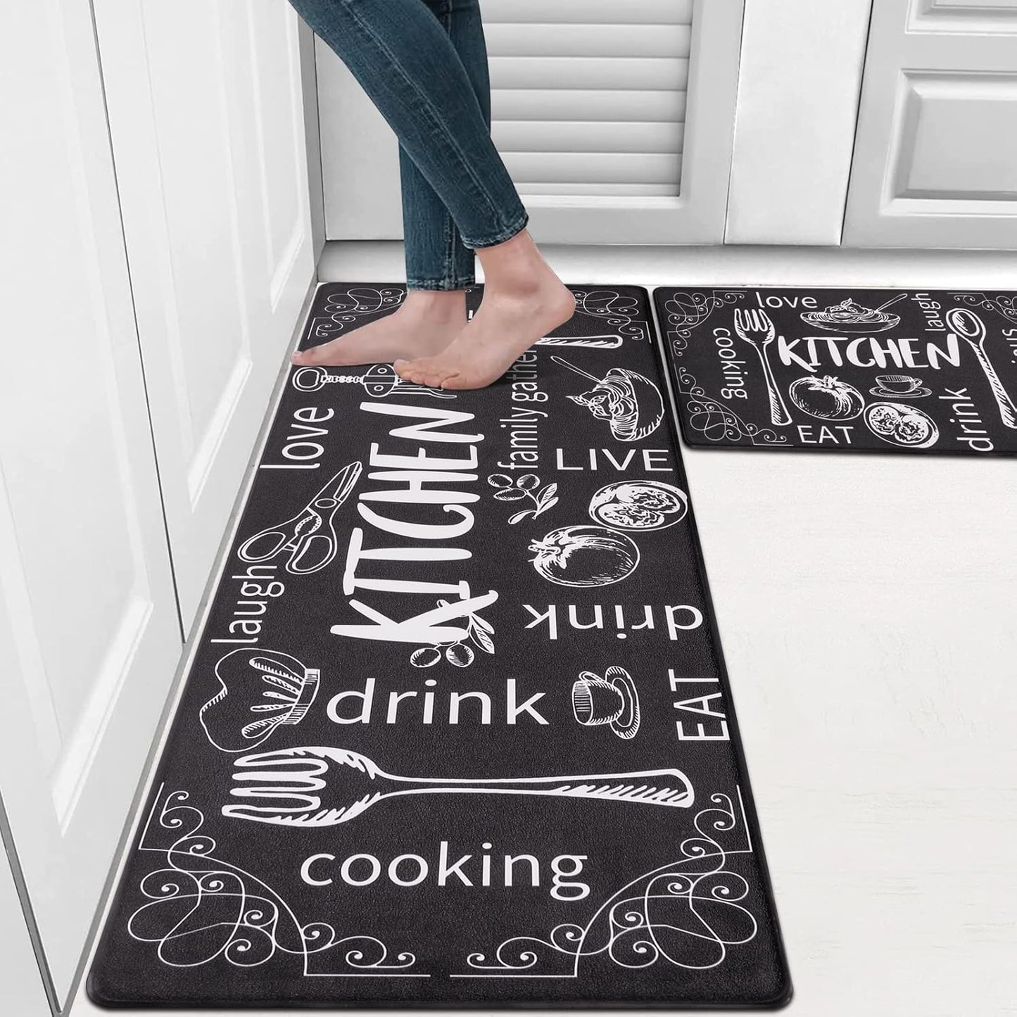 anti Fatigue Kitchen Rug Set of 2 Non Slip Cushioned Kitchen Mats for Floor Waterproof Comfort Kitchen Rugs and Mats Farmhouse Chef Mats Floor Carpet for Sink,Laundry Room