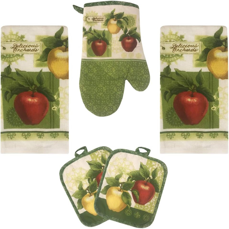 Apple Orchards Kitchen Towel 5 Piece Linen Set 2 Towels 2 Pot Holders 1 Oven Mitt