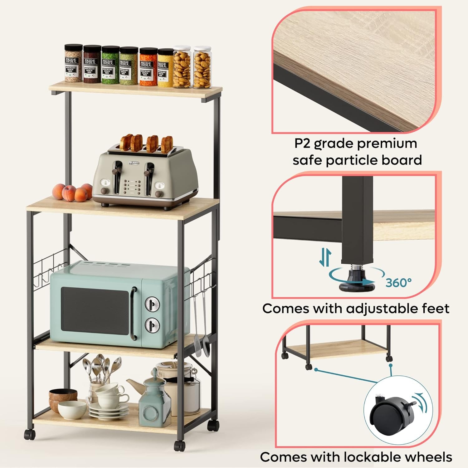 Kitchen Bakers Rack Microwave Stand Kitchen Cart on Wheels Utility Storage Shelf with 10 Side Hooks Kitchen Organizer Shelves with Adjustable Feet