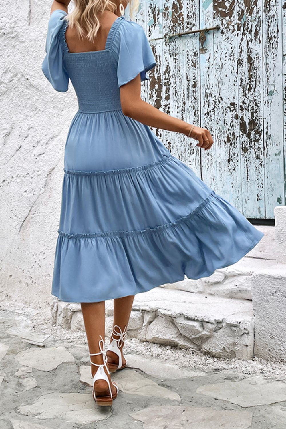 Perfee Smocked Square Neck Frill Trim Dress