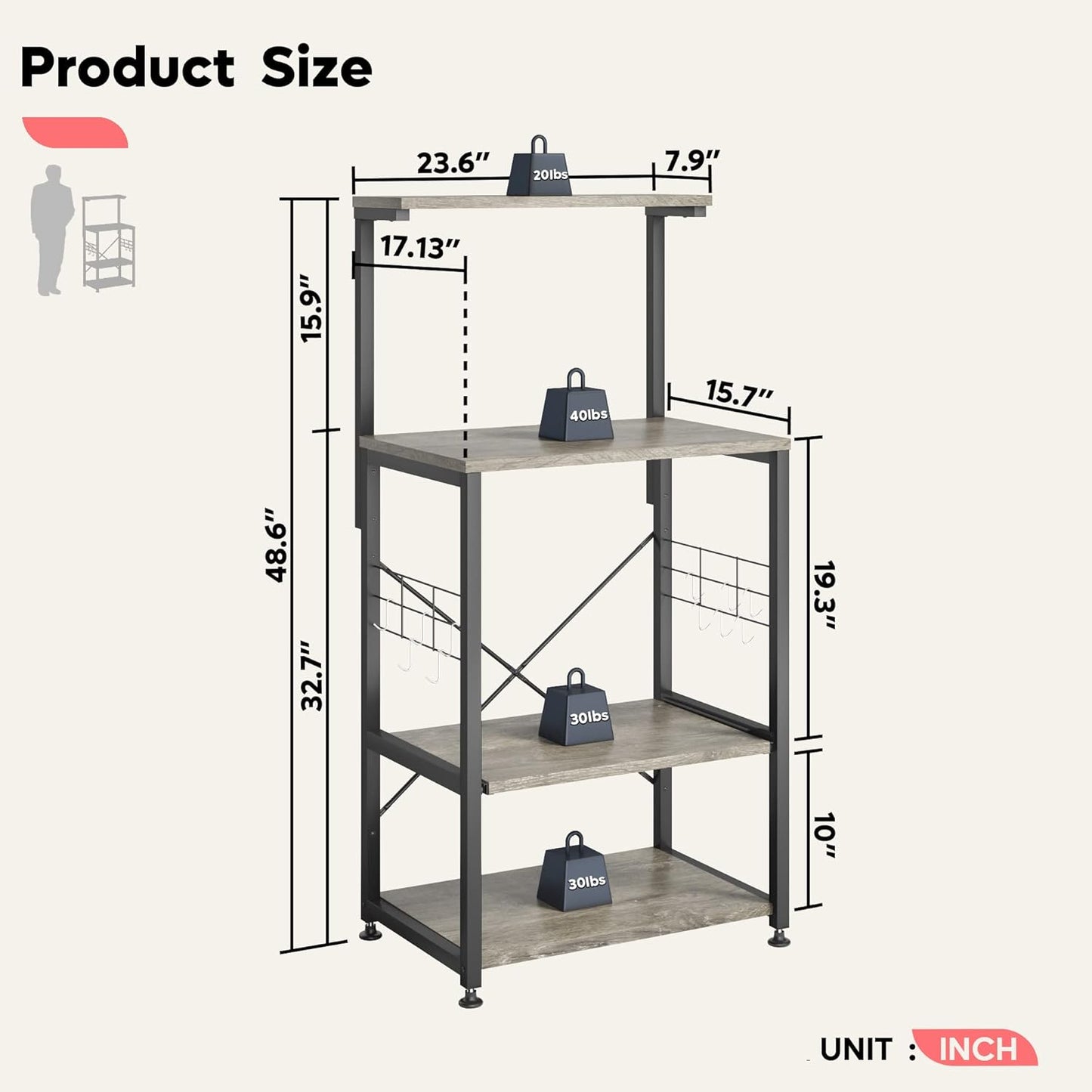 Kitchen Bakers Rack Microwave Stand Kitchen Cart on Wheels Utility Storage Shelf with 10 Side Hooks Kitchen Organizer Shelves with Adjustable Feet