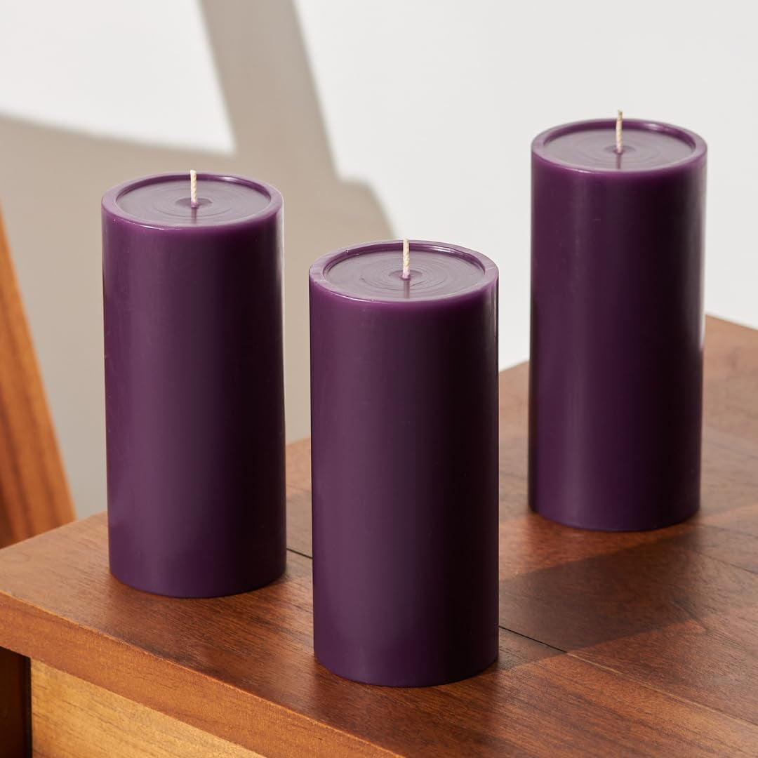 3X6 Inch Purple Pillar Candles Set of 3, Smooth Texture, Unscented Purple Candles, Dripless Candles, 3 Inch Pillar Candles Ideal as Wedding, Parties, Spas, Dinner, Home Decoration, Church