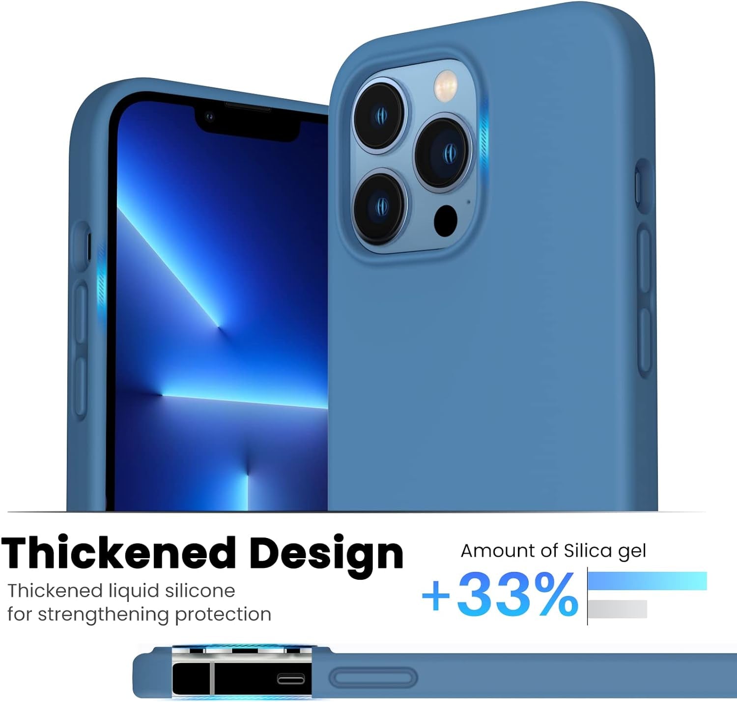 Shockproof Liquid Silicone Designed for Iphone 13 Pro Case Gel Rubber Comprehensive Protection Anti-Shock Cover Case Drop Protection 6.1Inch-Blue