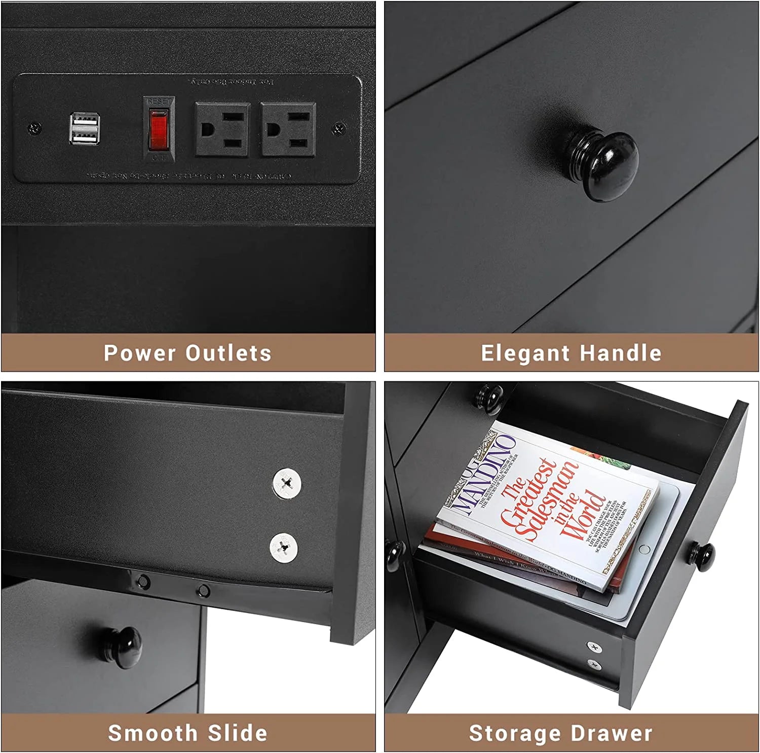 Nightstand with Charging Station USB Port, Bedside Table with Hutch and 3 Drawers, Black