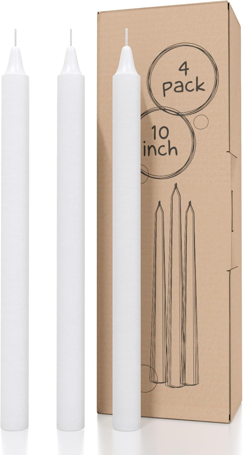 White Taper Candles Pack of 4 - Straight Candles 10 Inch Ideal as Unscented Candles, Dinner Candles and Table Candles - Slow Burning Candles Dripless - Smokeless Long Candlesticks