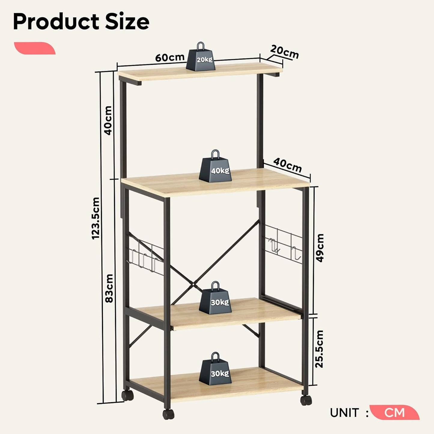 Kitchen Bakers Rack Microwave Stand Kitchen Cart on Wheels Utility Storage Shelf with 10 Side Hooks Kitchen Organizer Shelves with Adjustable Feet