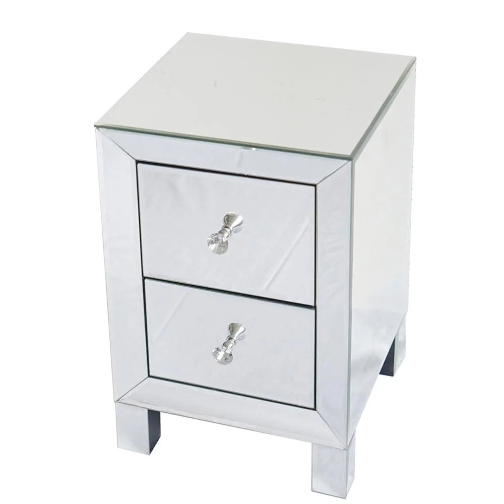 Mirrored Glass Bedside Table, Nightstand with Two Drawers, End Table, Silver