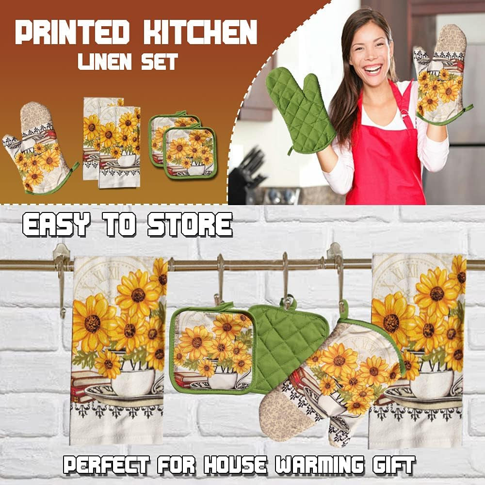 : Bright Sunflower 5-Piece Kitchen Set – 2 Soft Terry Dish Towels and 2 Quilted Potholders & 1 Oven Mitt for Everyday Use