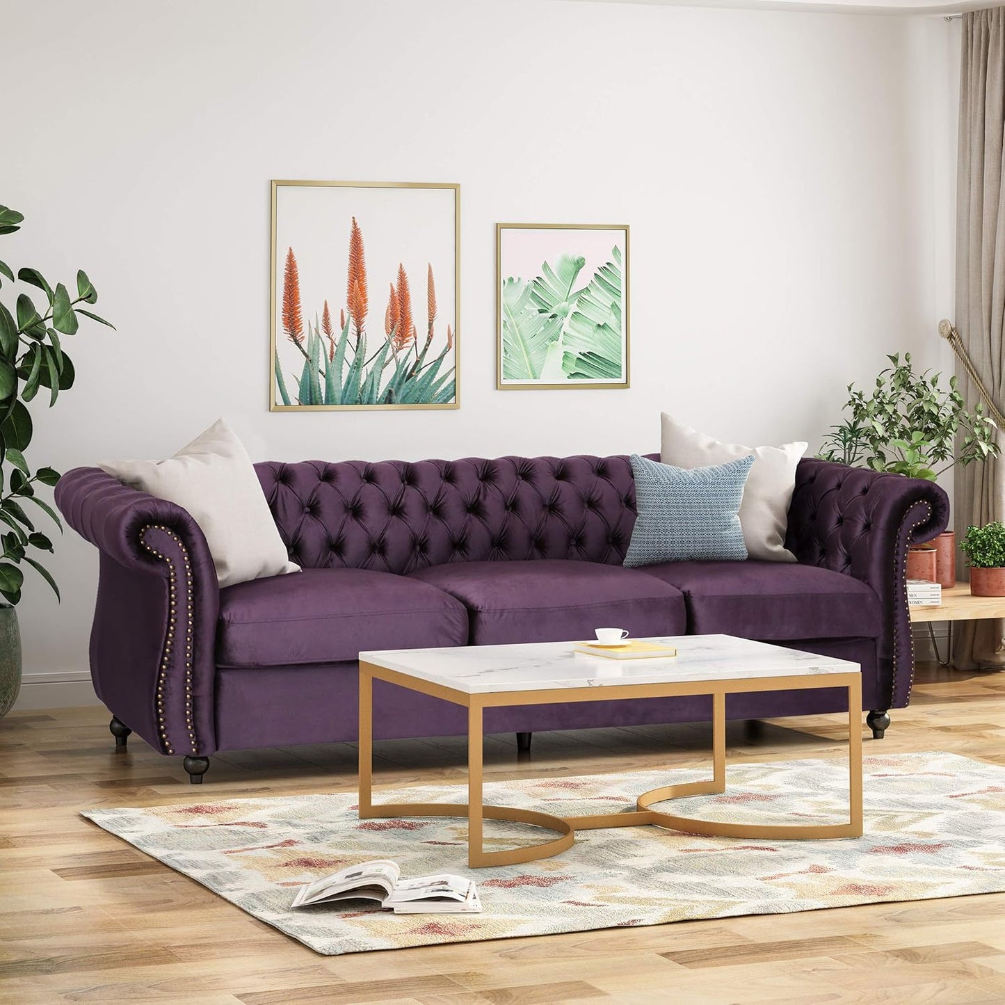 Tufted Jewel Toned Velvet Sofa with Scroll Arms, Blackberry