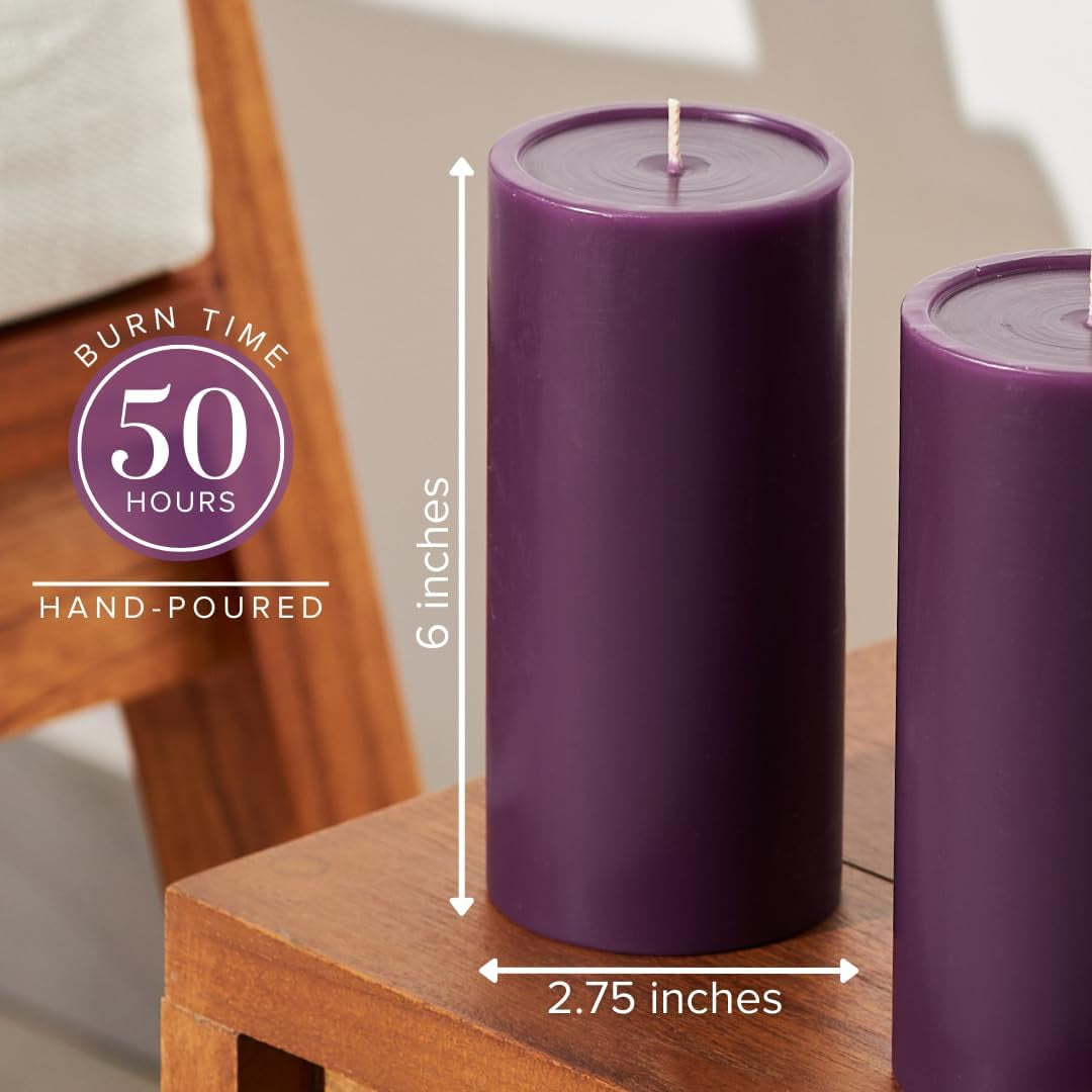 3X6 Inch Purple Pillar Candles Set of 3, Smooth Texture, Unscented Purple Candles, Dripless Candles, 3 Inch Pillar Candles Ideal as Wedding, Parties, Spas, Dinner, Home Decoration, Church