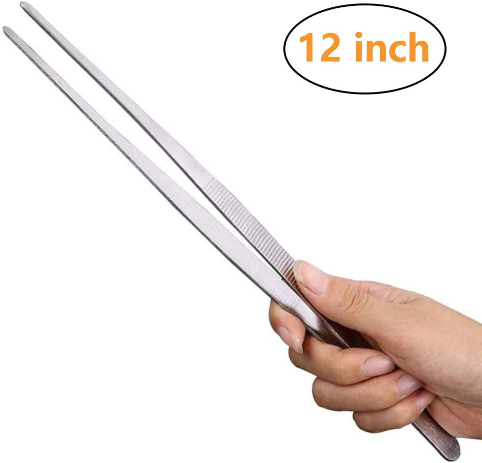 Kitchen Tweezers Stainless Steel Food Tongs for Cooking Tongs with Precision Serrated Tips Medical Tweezers(12 Inch Straight)