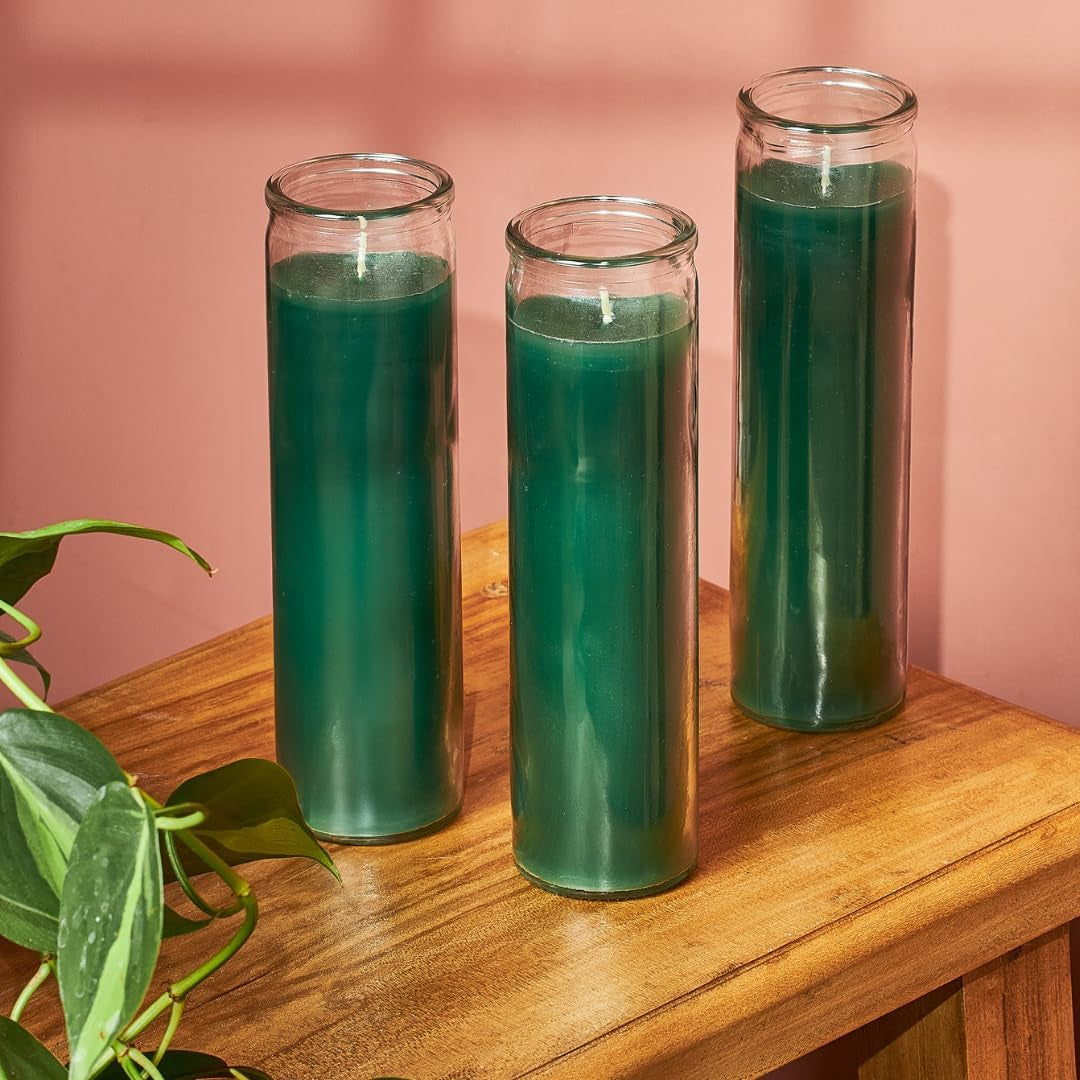 2X8 Inch Green Devotional Candles in Glass Jar - 3 Pack - 90 Hours – Prayer Candle - Tall Pillar Candles for Religious, Memorials, Party Decor