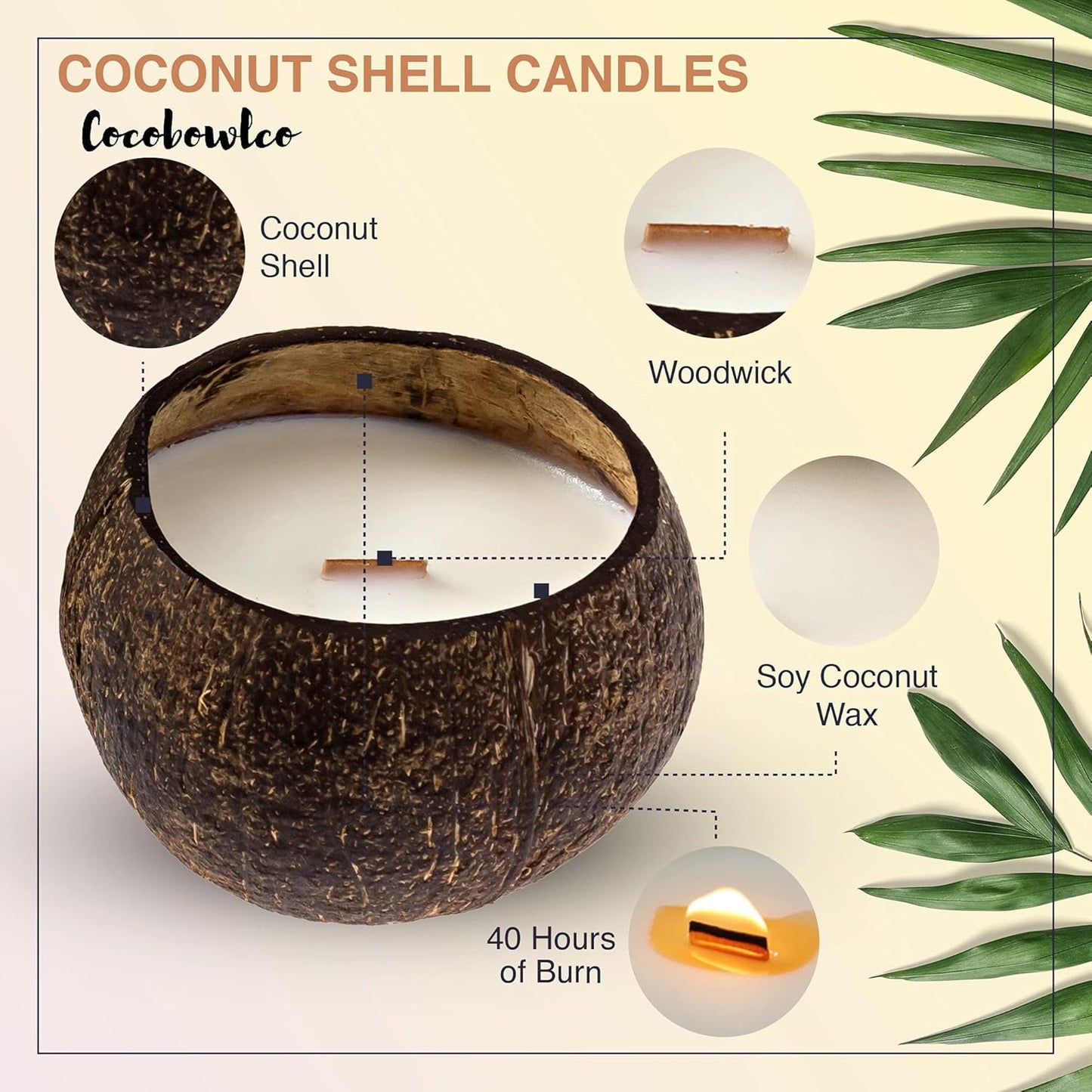 Scented Soy Coconut Shell Candles - Wood Wick Scented Candles Made with Real Coconut Shells (Cinnamon)