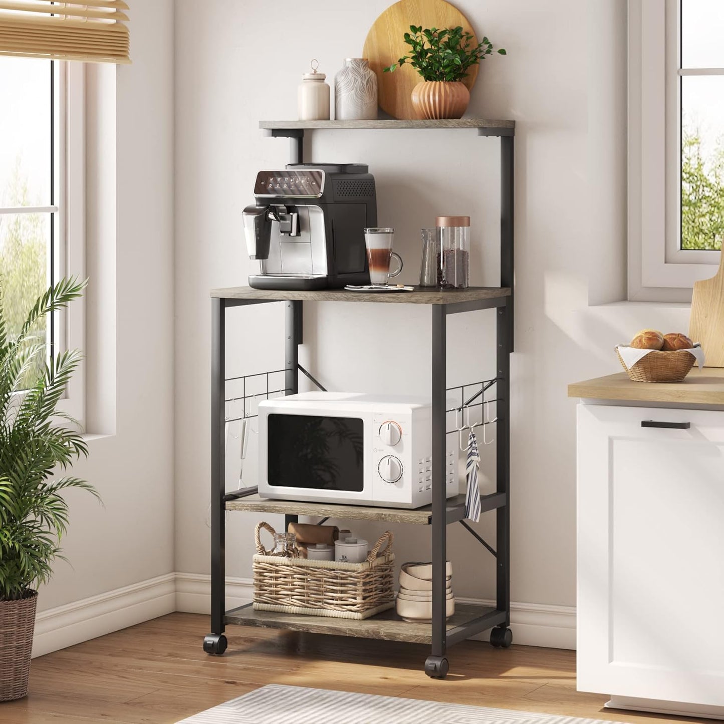 Kitchen Bakers Rack Microwave Stand Kitchen Cart on Wheels Utility Storage Shelf with 10 Side Hooks Kitchen Organizer Shelves with Adjustable Feet